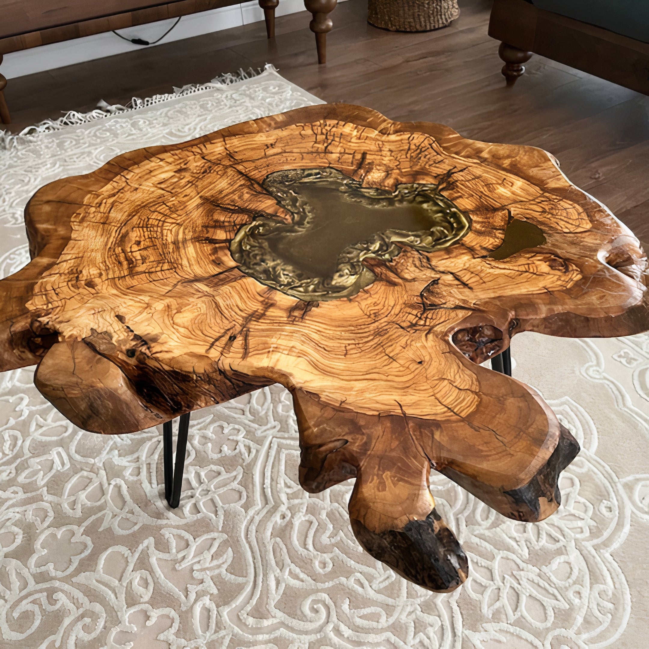 Live Edge Coffee Table with Epoxy Resin Olive Wood