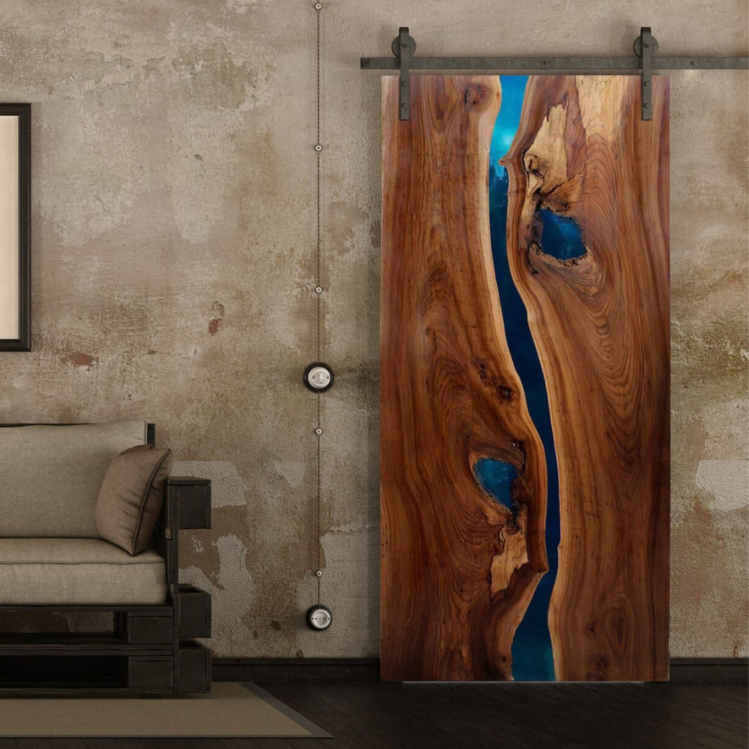 Walnut & Ocean Blue Swirly Resin Sliding Door