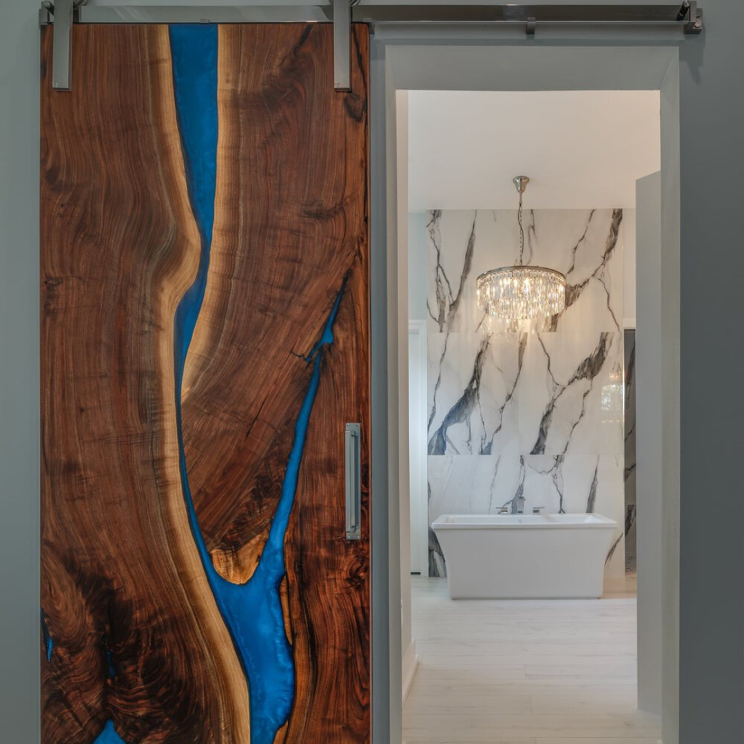 Walnut & Ocean Blue Swirly Resin Sliding Door