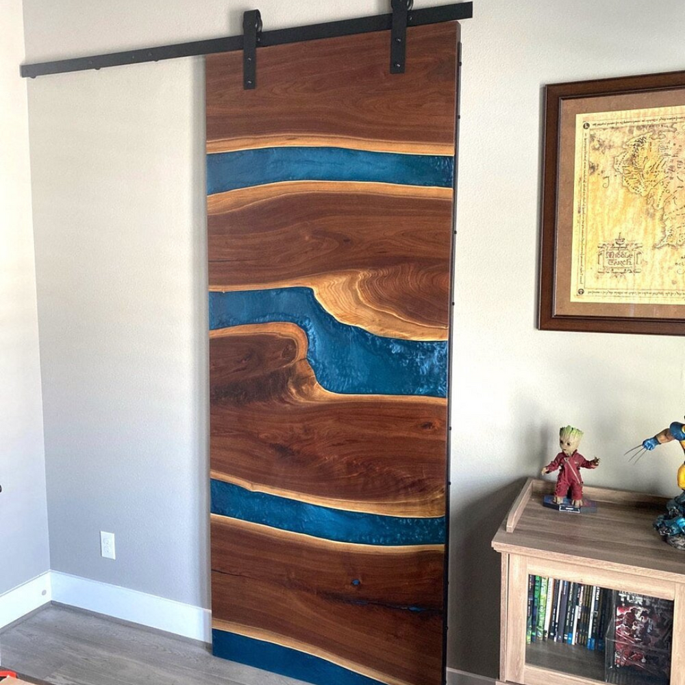 Walnut & Ocean Blue Swirly Resin Sliding Door