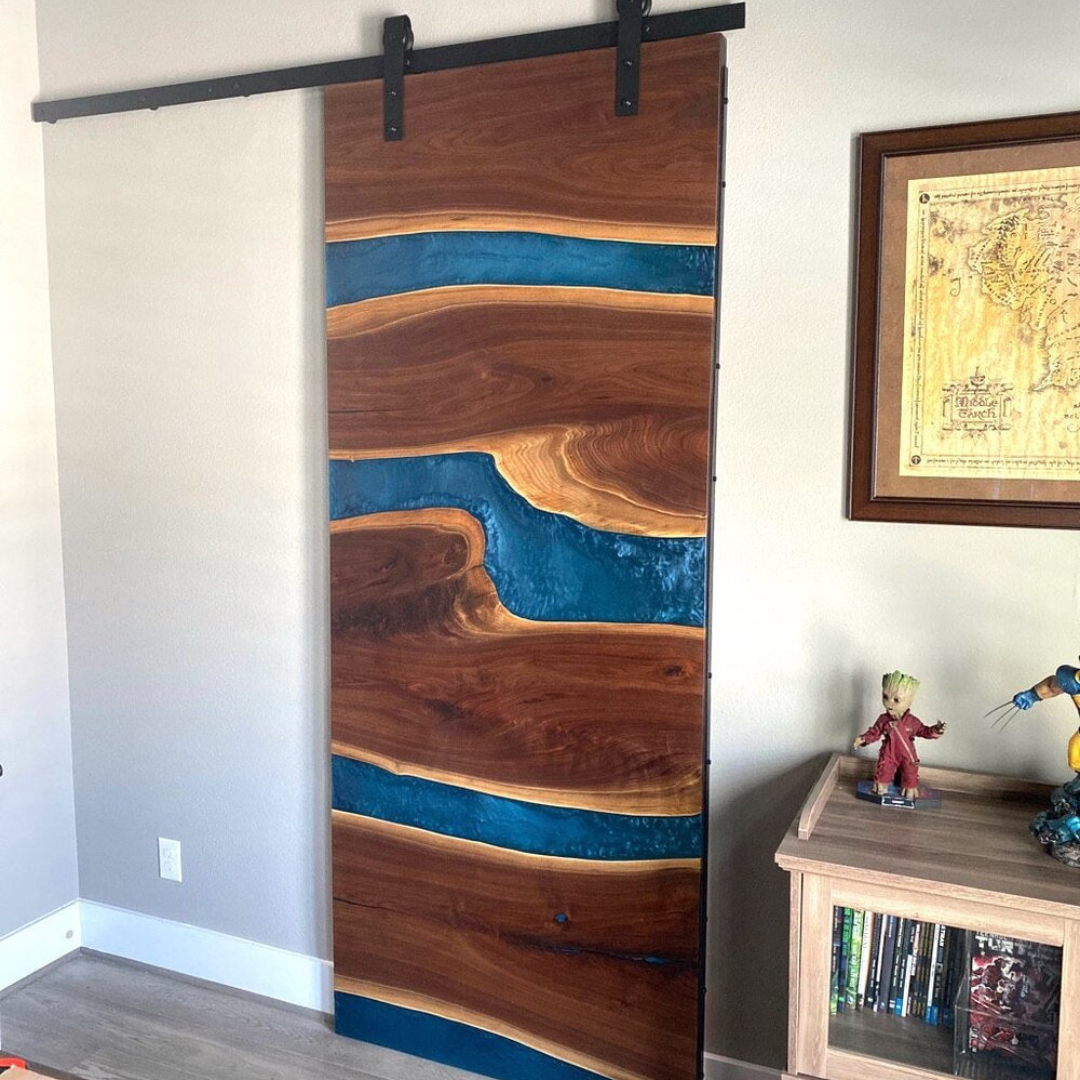 Walnut & Ocean Blue Swirly Resin Sliding Door