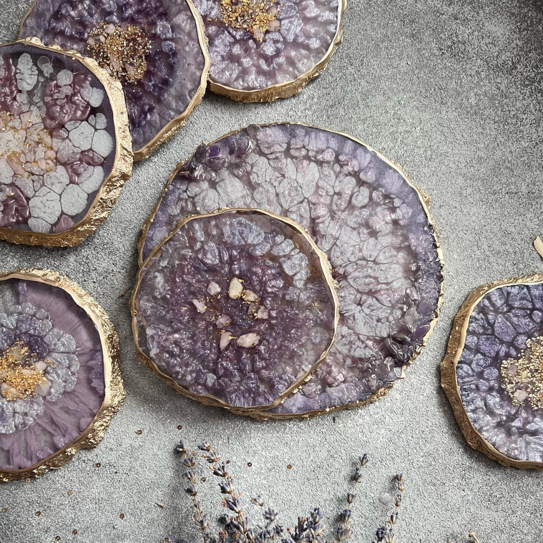 Lavender Geode Epoxy Coasters with Gold Accents