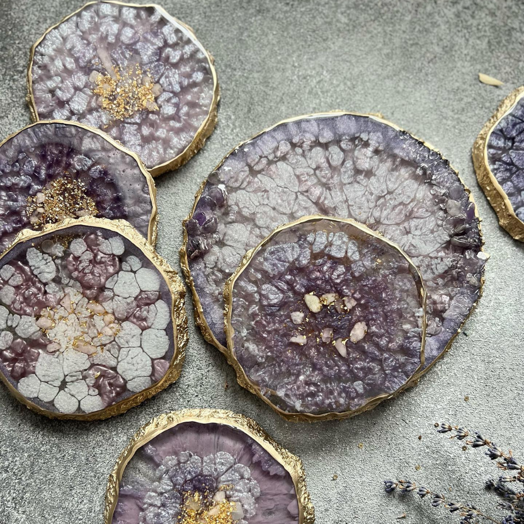 Lavender Geode Epoxy Coasters with Gold Accents