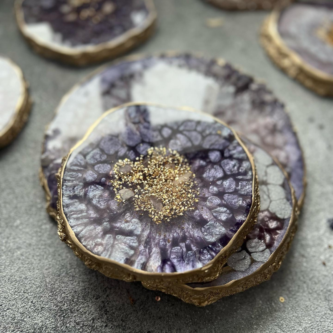 Lavender Geode Epoxy Coasters with Gold Accents