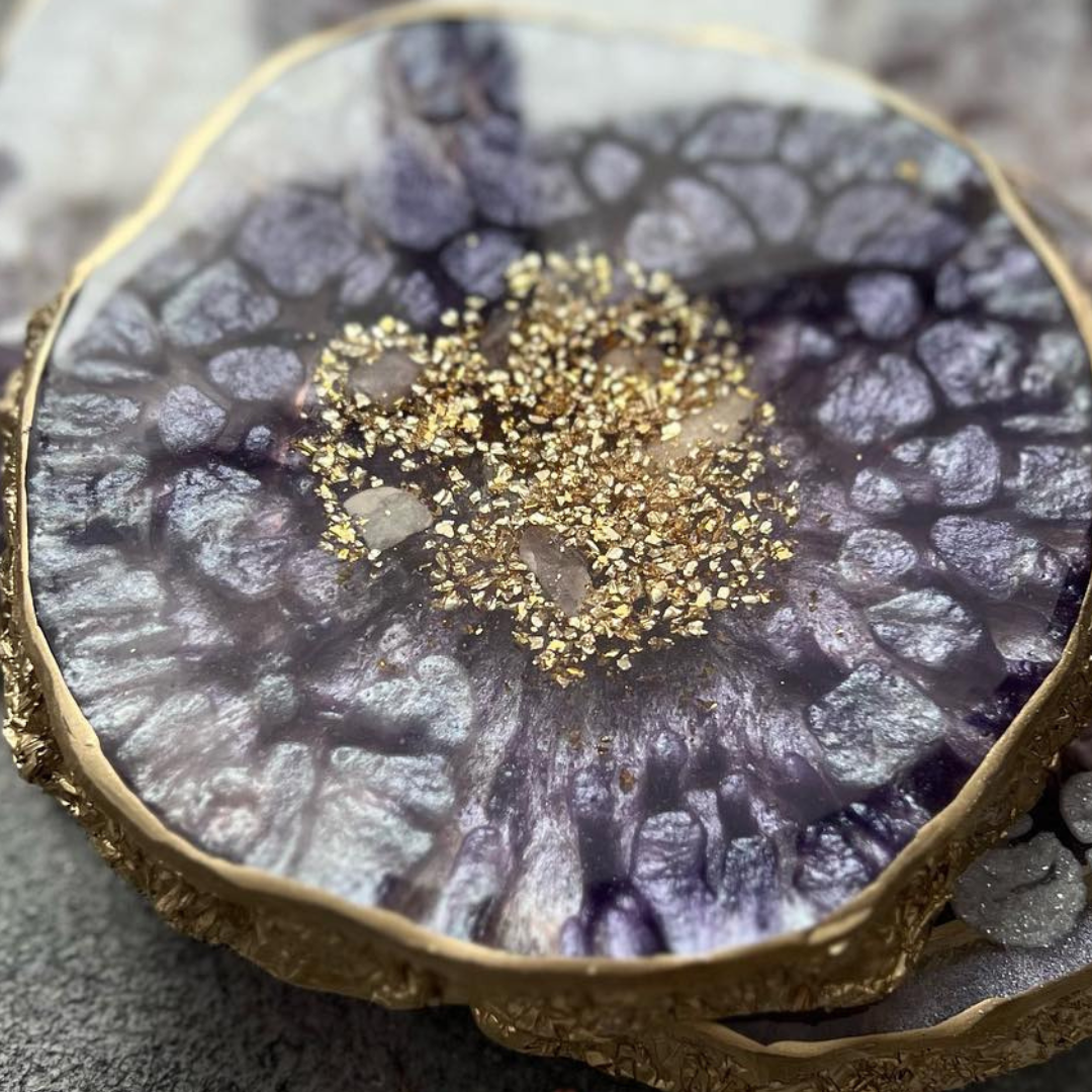 Lavender Geode Epoxy Coasters with Gold Accents