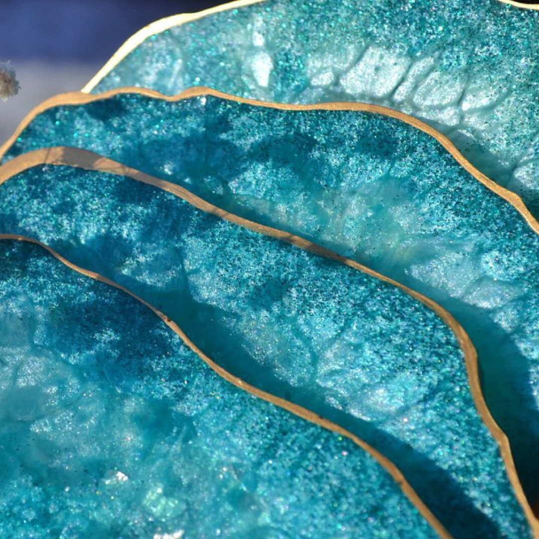 Turquoise Ocean Epoxy Coasters with Gold Trim