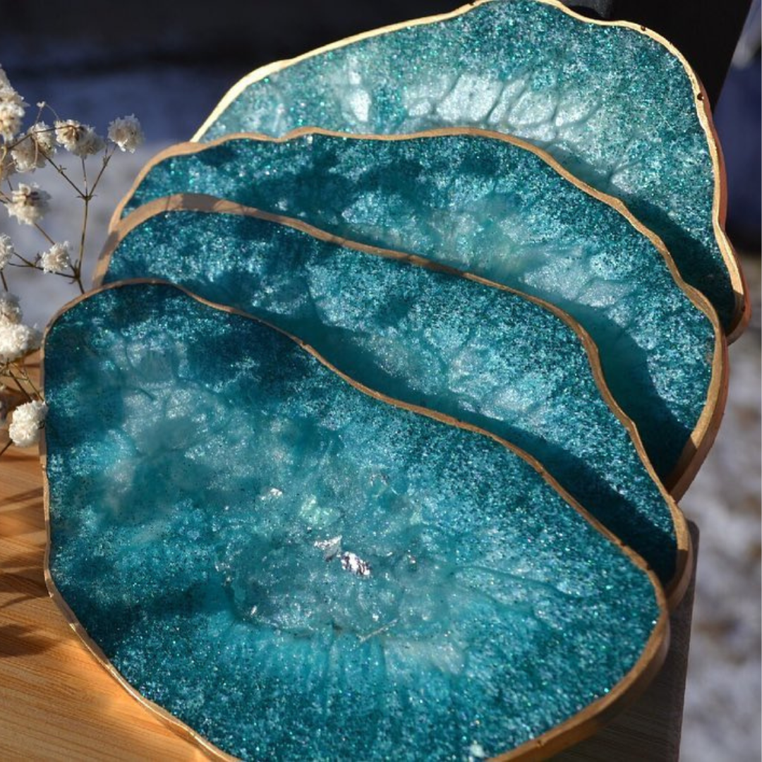 Turquoise Ocean Epoxy Coasters with Gold Trim
