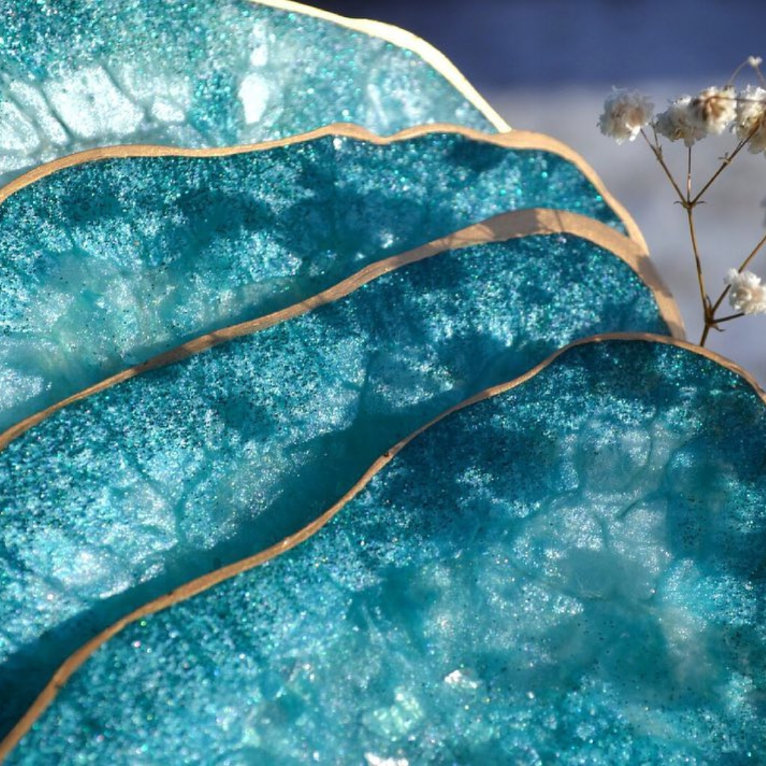 Turquoise Ocean Epoxy Coasters with Gold Trim