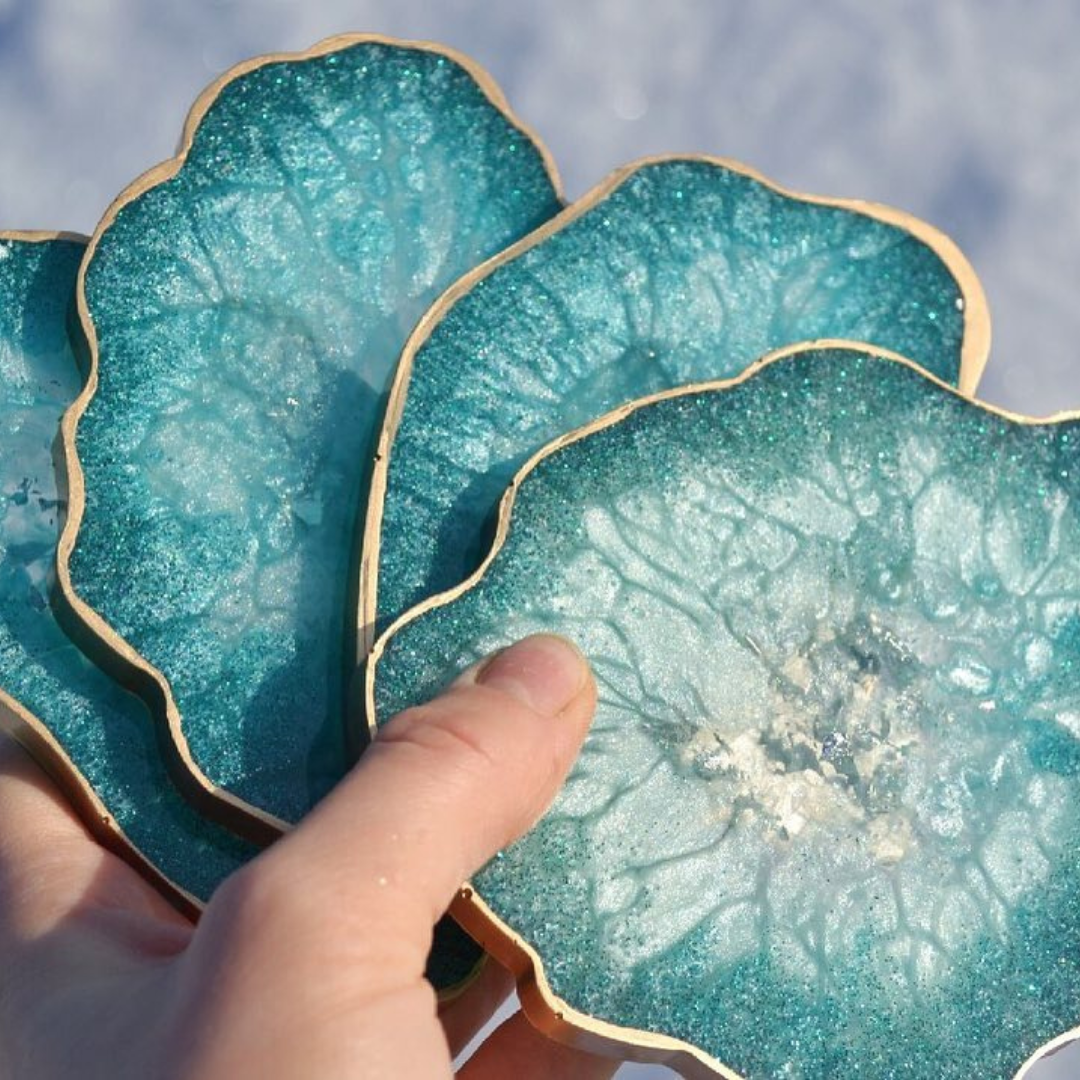 Turquoise Ocean Epoxy Coasters with Gold Trim