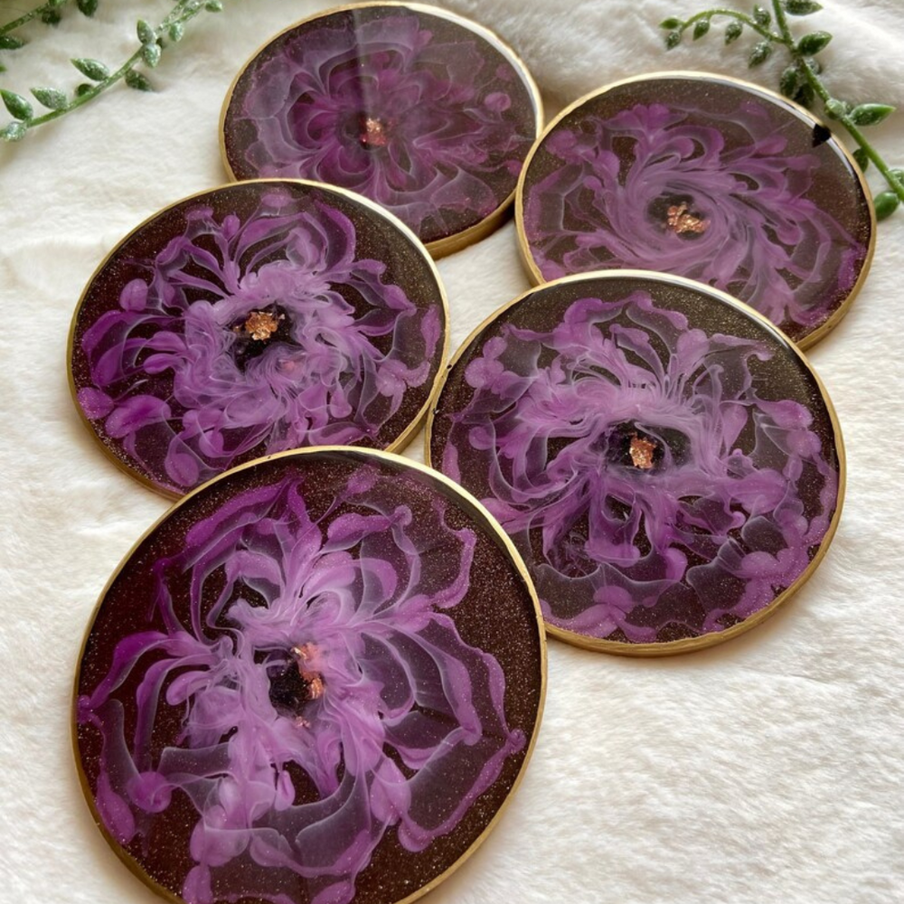 Black & Purple Flower Resin Coaster