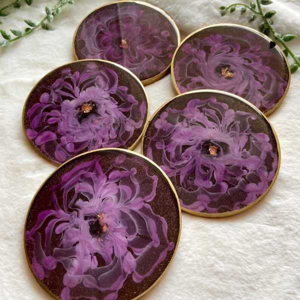 Black & Purple Flower Resin Coaster