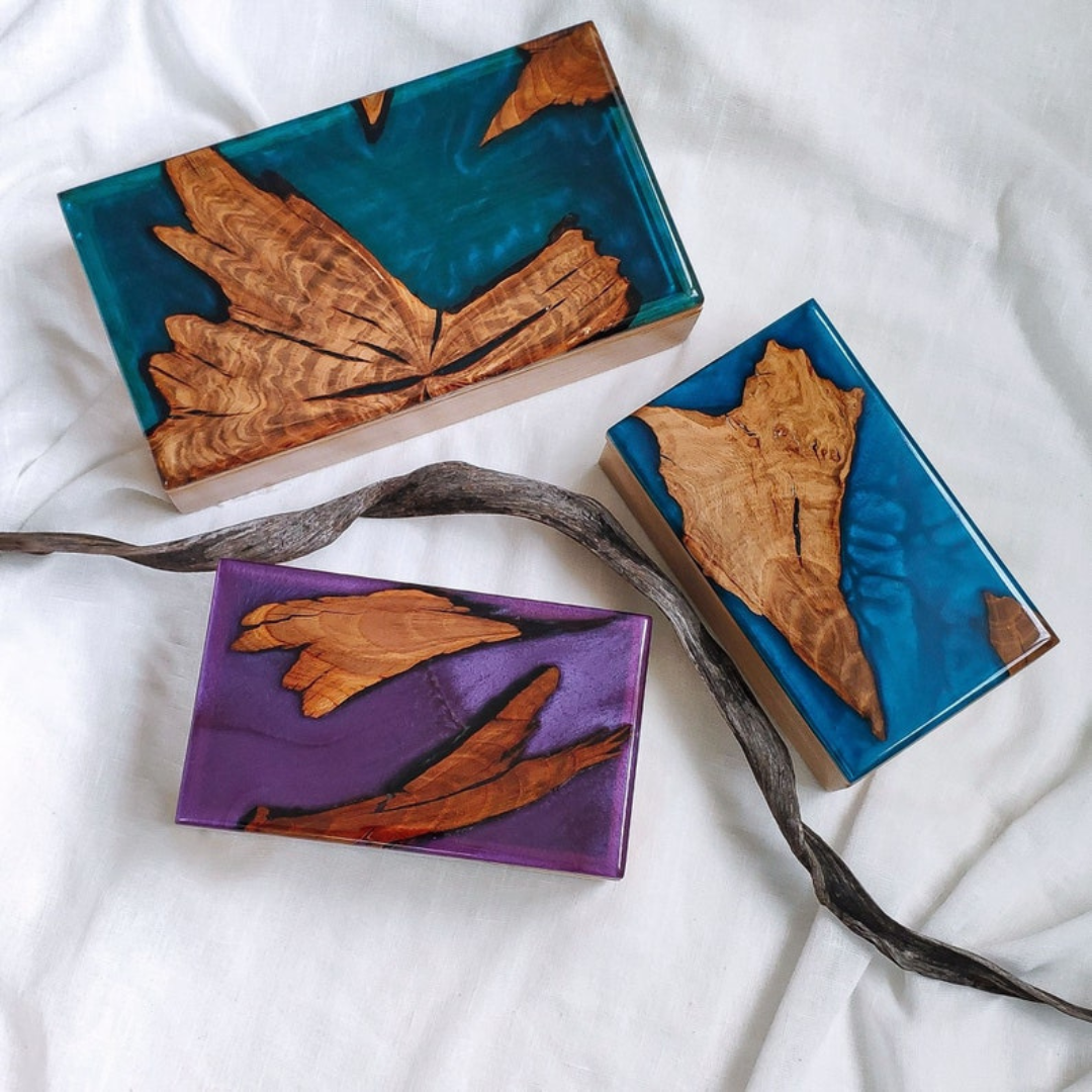 BOHO Wooden Jewelry Box With Epoxy Top