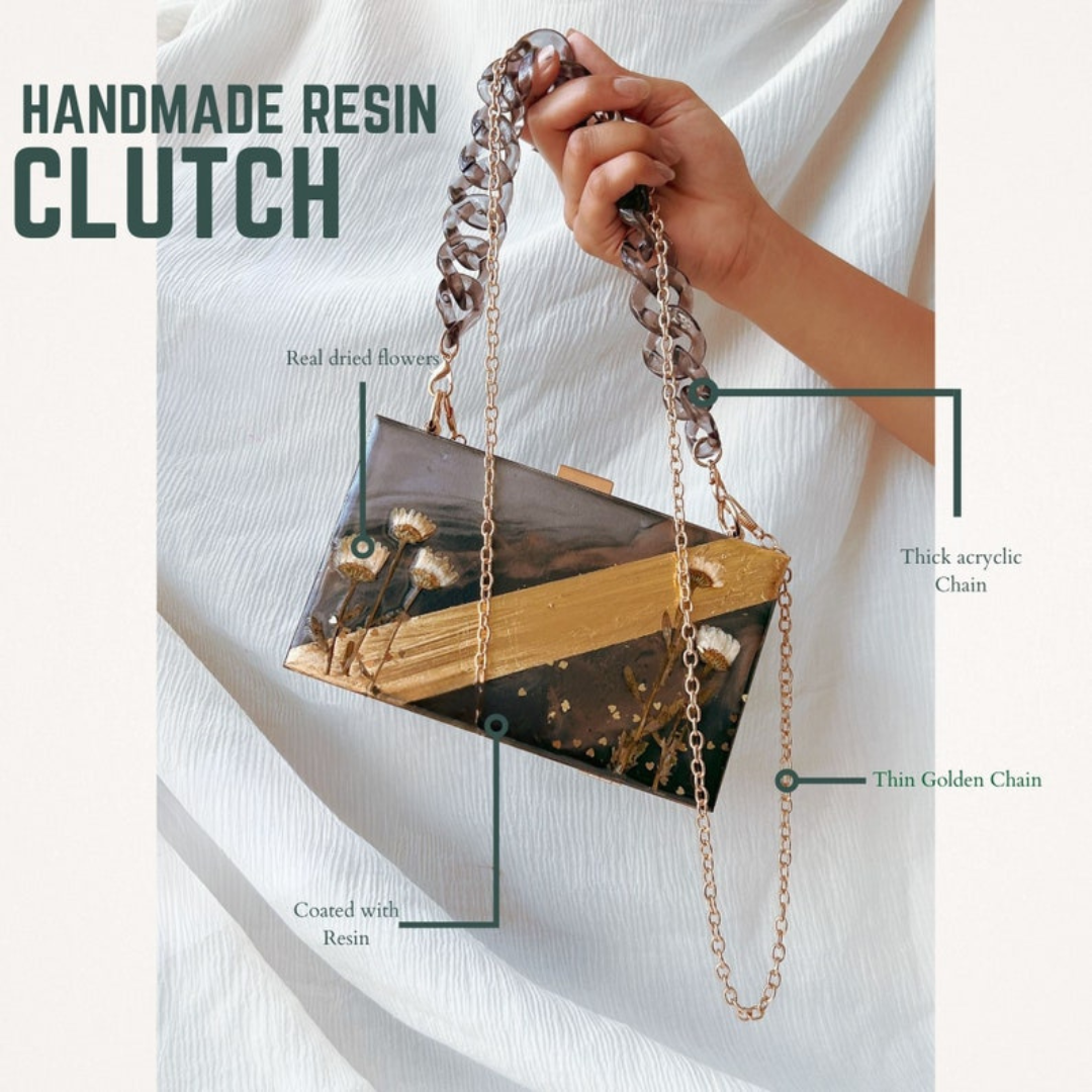 Black Handmade Floral Clutch