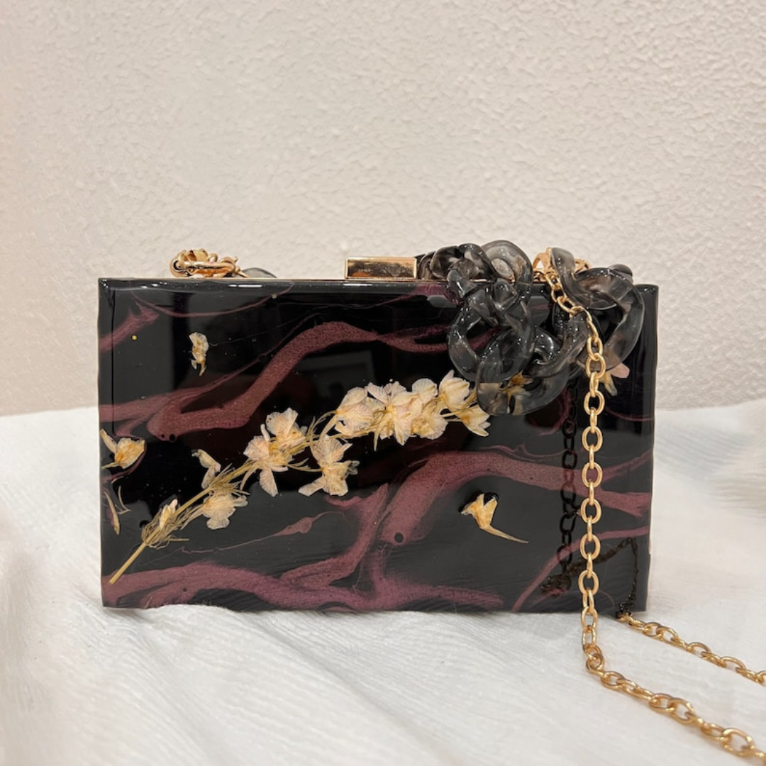 Statement Black Epoxy Clutches with Real Dried Flowers