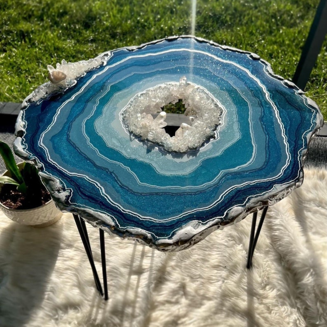 Quartz Crystal Geode Agate Resin Epoxy Side Accent Side Table