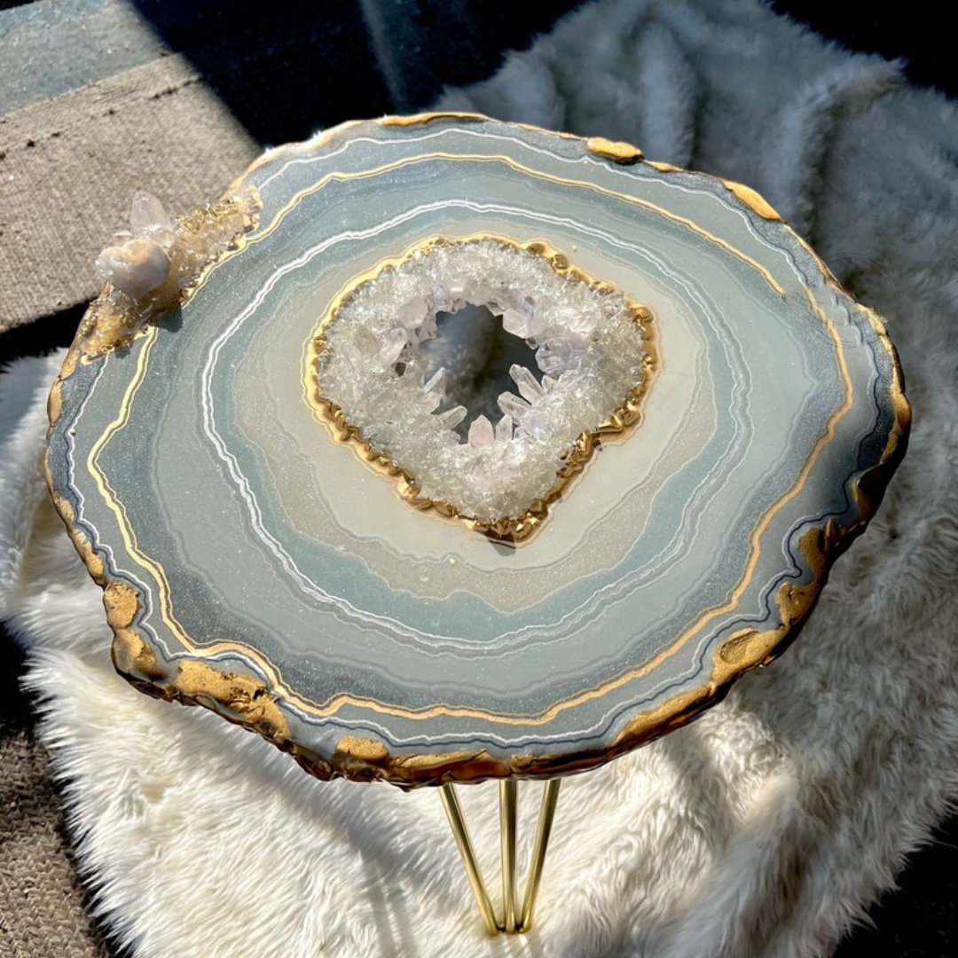 Quartz Crystal Geode Agate Resin Epoxy Side Accent Side Table