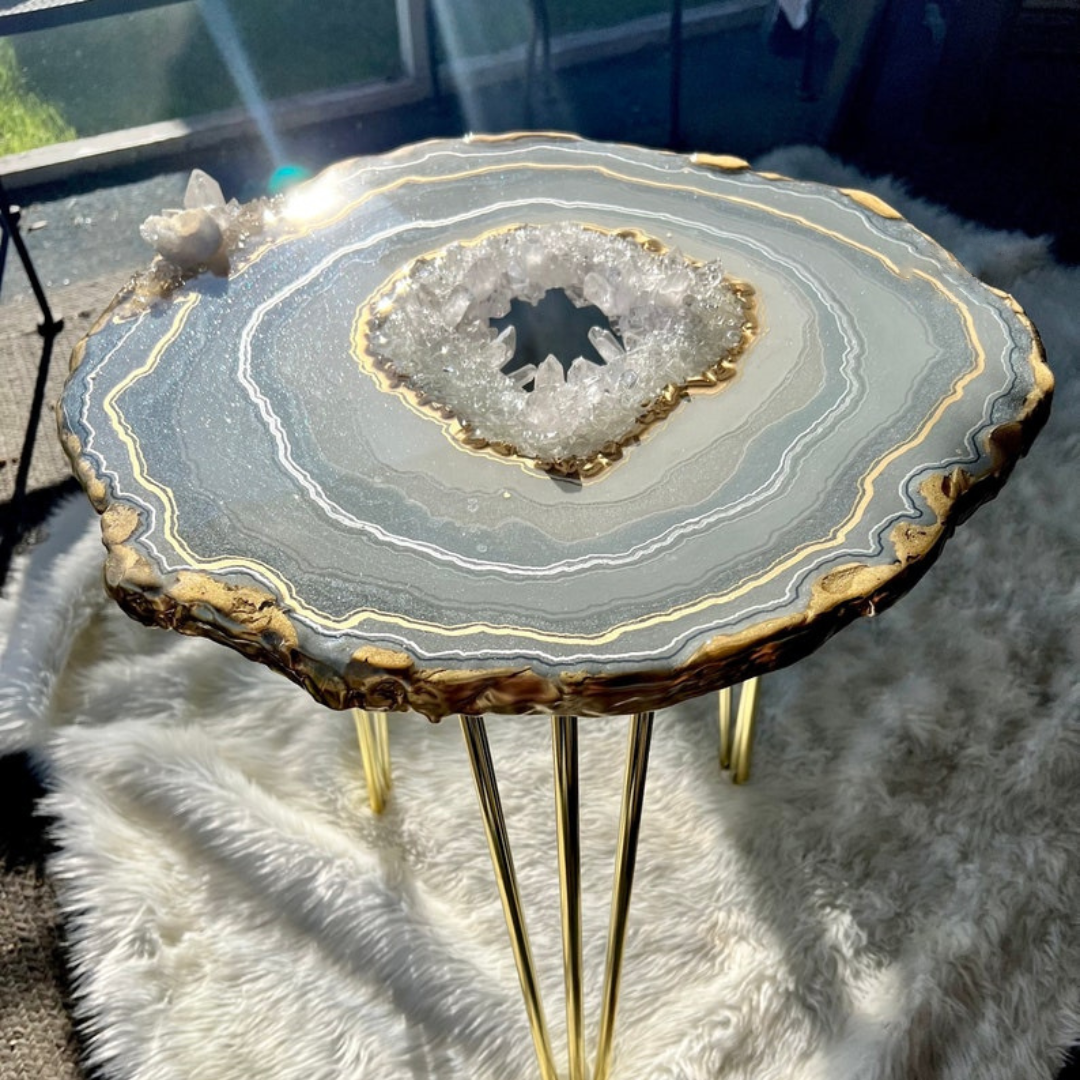 Quartz Crystal Geode Agate Resin Epoxy Side Accent Side Table