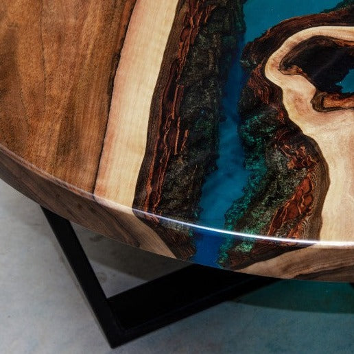 Handcrafted Aqua Resin Round Coffee Table