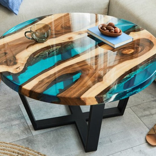 Handcrafted Aqua Resin Round Coffee Table
