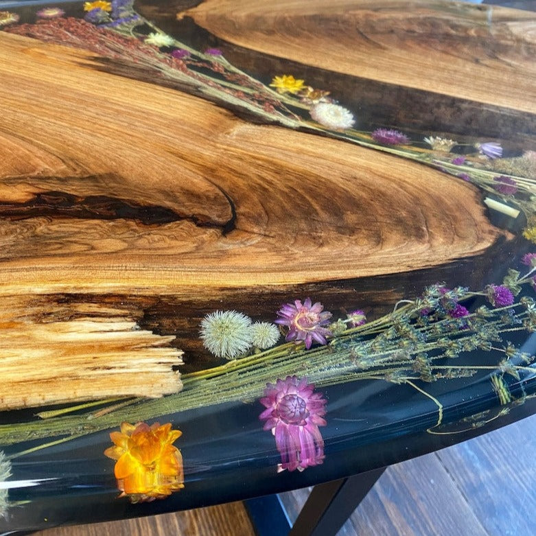 Epoxy Resin and Wood Oval Table With Dried Flower