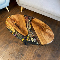 Epoxy Resin and Wood Oval Table With Dried Flower thumbnail