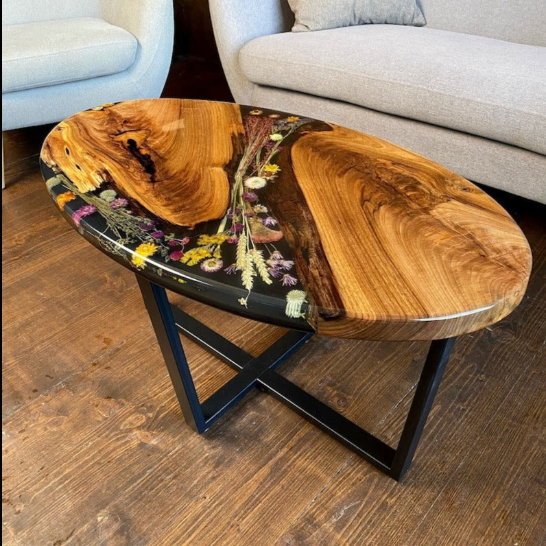 Epoxy Resin and Wood Oval Table With Dried Flower