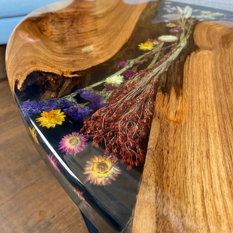 Epoxy Resin and Wood Oval Table With Dried Flower