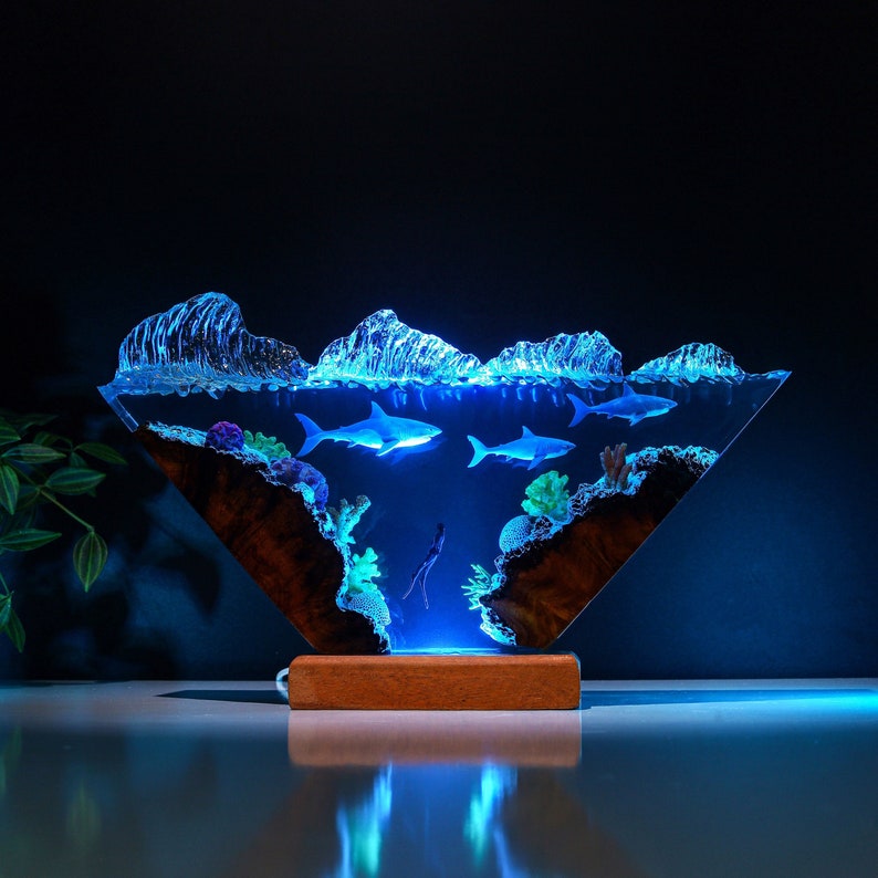 Epoxy And Wood Deep Sea Life Night Lamp
