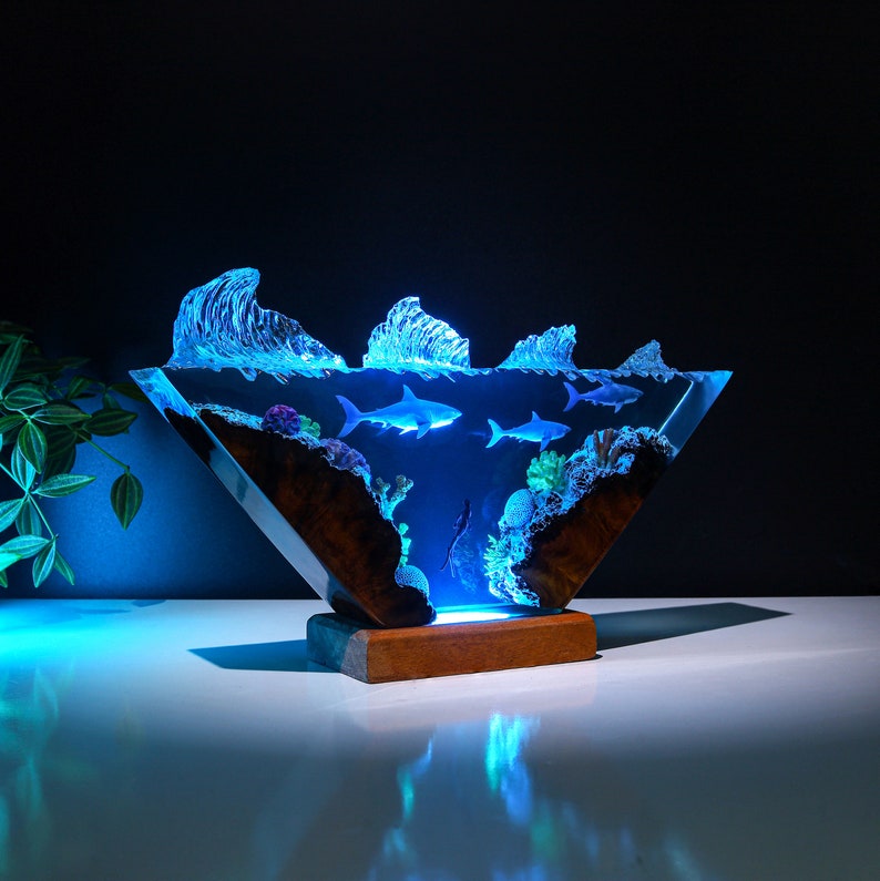 Epoxy And Wood Deep Sea Life Night Lamp