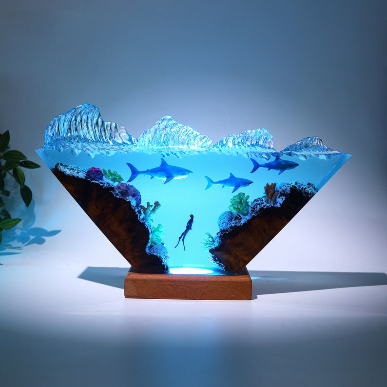 Epoxy And Wood Deep Sea Life Night Lamp