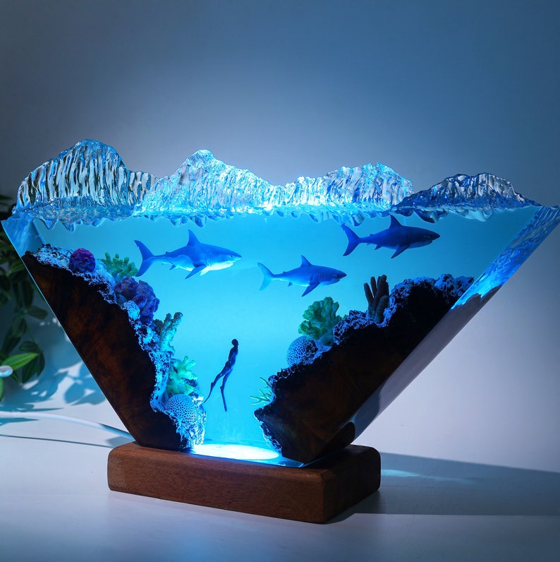 Epoxy And Wood Deep Sea Life Night Lamp