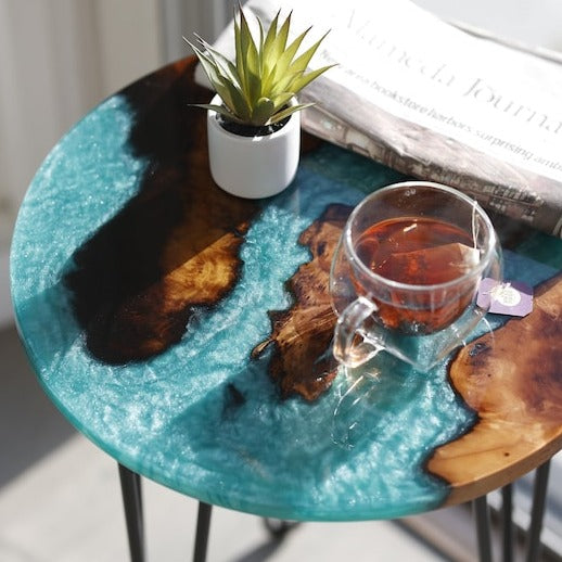 Modern Style Epoxy And Wood Side Table